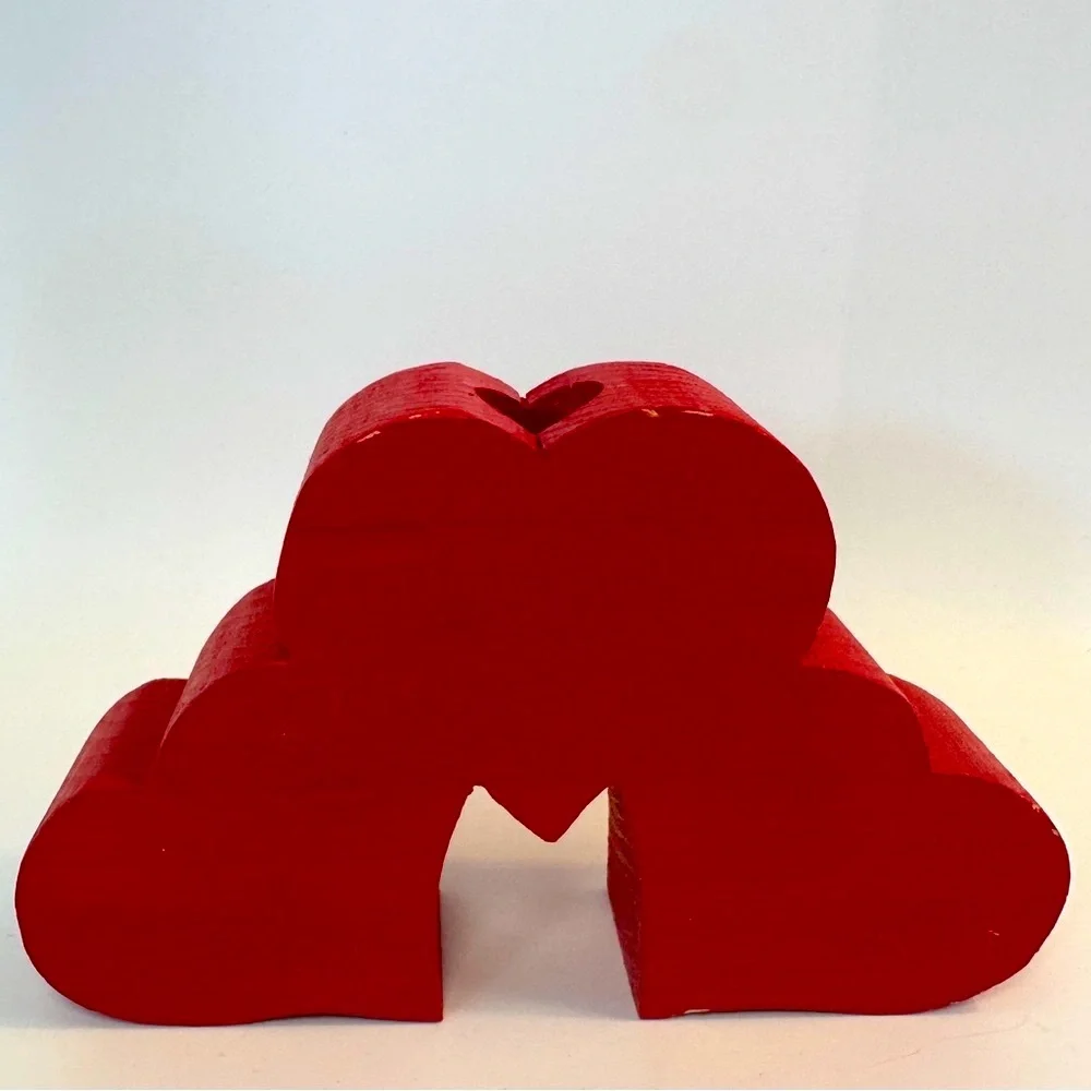 VTG Hand Painted Wooden Scandinavian Three Hearts Heart Taper Candle Holder Deco